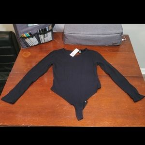 Long Sleeve Ribbed Black Shirt, Bodysuit - Size L - NWT